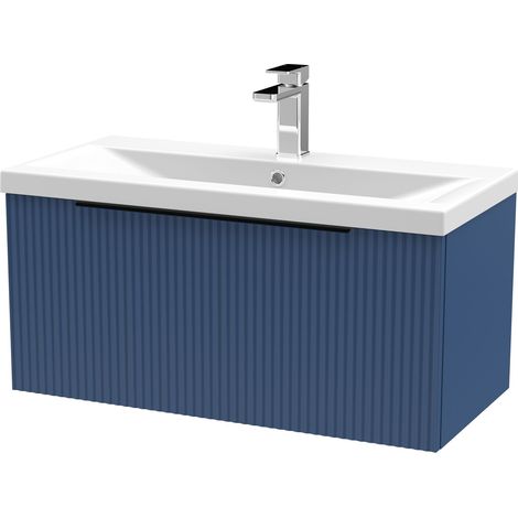 Fluted Front Wall Hung 1-Drawer Bathroom Vanity Unit with 1 Tap Hole Basin, 800mm, Satin Blue, Black Handles (1/5)