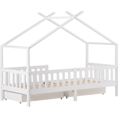 Hausbett für Kinder 90x200 cm weiß mit 2 Schubladen, Rausfallschutz und Lattenrost (1/5)