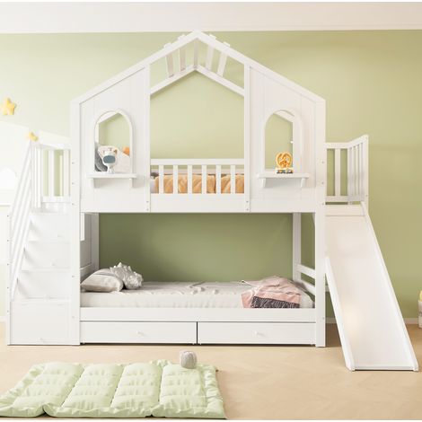 Litera infantil 90x200 cm blanca de madera con tobogán, escalera con almacenaje y cajones (1/5)