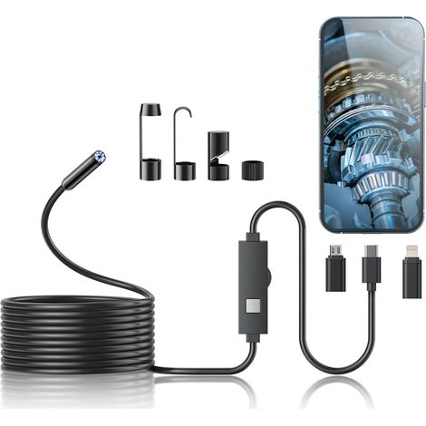 Caméra endoscopique avec éclairage, endoscope HD 1920p avec 8 LED réglables, endoscope semi-rigide de type serpent, endoscope d'inspection pour iOS et Android – objectif unique de 5 m (1/5)