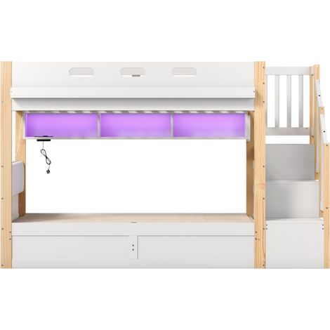 Kinder-Etagenbett 90 x 200 cm aus weißem Kiefernholz mit Stauraum und LED HOMVRA (1/5)