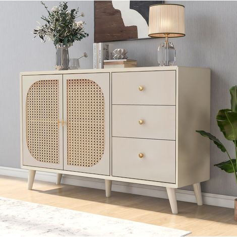 Sideboard en panneaux de particules off white 120 x 40 x 82,5 cm, 2 portes et 3 tiroirs, rangement avec fermeture magnétique (1/5)