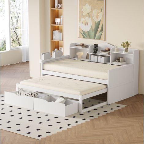 Lit banquette gigogne en bois blanc 90x200 cm avec lit tiroir 90x190, rangements et prise USB (1/5)