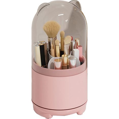 Boîte de rangement pour pinceaux de maquillage rotative à 360° avec couvercle transparent anti-poussière et grande capacité (rose) (1/5)