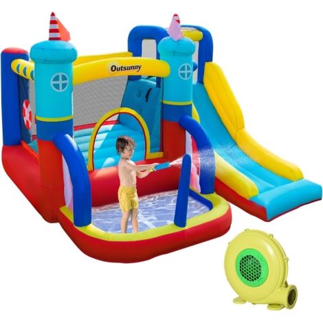 Large 4 in 1 Kids Bouncy Castle in Sailboat design features slide, trampoline, water pool, and climbing wall, suitable for ages 3-8.