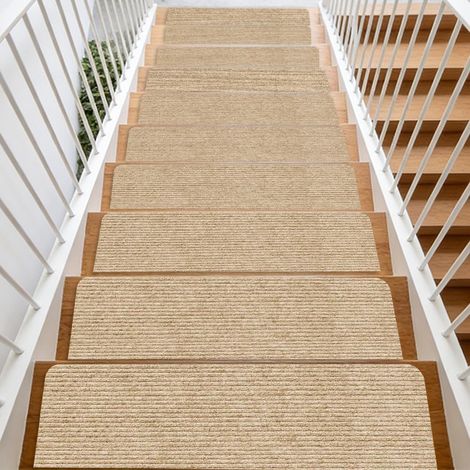 Stair Tread Mats, Pack of 15, 55 x 22 cm, Self-Adhesive Stair Mats, Machine Washable Stair Carpet, Non-Slip Stair Mats, for Families with Children, Seniors and Pets, Beige (1/5)