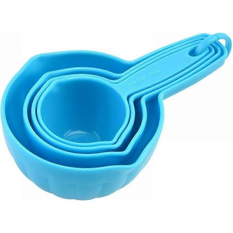 Ensemble de 4 tasses à mesurer bleues en plastique pour mesurer les liquides et les ingrédients secs en cuisine et en pâtisserie.