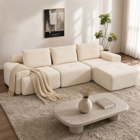 Canapé d'angle modulable 305x137x69 cm blanc, chaise longue, tissu côtelé, sans montage MEUBLIV (1/5)