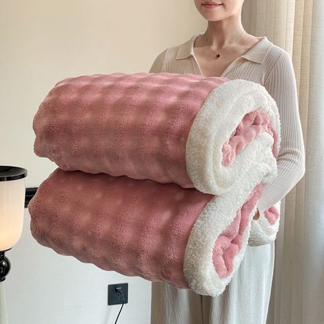 Couverture Épaissie Double Couche Bubble Fleece,150x200cm Plaid Polaire Chaud en Flanelle et Sherpa, Couverture Unie,Rose (1/5)
