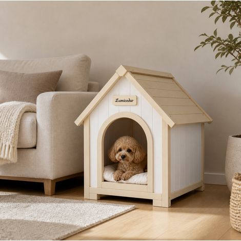 Casa per animali in legno crema bianco, cuscino rimovibile lavabile, design A-frame, cuccia interna per gatto e cane (1/5)