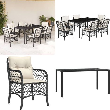 7-tlg. Garten-Essgruppe mit Kissen Schwarz Poly Rattan - Gartentisch - Gartenstuhl - Gartenmöbelset - Esstisch - Esszimmer - Home & Living (1/5)