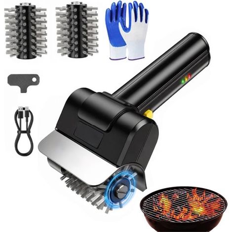 Cepillo eléctrico para barbacoa, 1100 RPM, turbo, rodillos de acero inoxidable, batería de 2000 mAh, limpiador de parrilla inalámbrico, 2 cabezales de repuesto, guantes, apto para parrilla. (1/4)