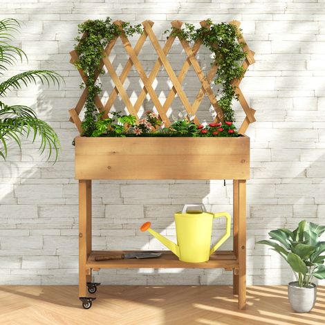 Lit de Jardin Surélevé en Bois avec Treillis Etagère de Rangement Jardinière Surélevée avec Roues Verrouillables Doublure en Tissu Naturel Maison Chic (1/5)