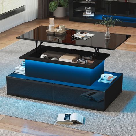 Table basse relevable - 88x50x41cm - avec éclairage LED et 4 tiroirs - moderne - laquée - noir (1/5)