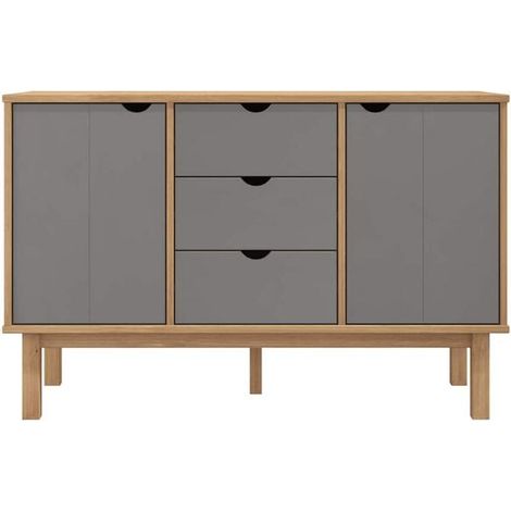 Buffet de Salle à Manger en Bois Massif, Meuble de Rangement Style Scandinave 113,5x43x73 cm, Couleur Marron et Gris, Placard avec Portes et Tiroirs pour Cuisine ou Salon (1/5)