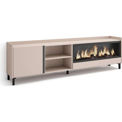 Mueble TV Teba-01 de 212x61x35 cm con chimenea eléctrica XXL, diseño industrial, color beige (1/4)