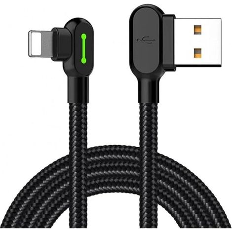 Câble USB coudé à 90° avec voyant LED, câble de charge en nylon, chargeur rapide USB réversible, adaptateur de charge avec synchronisation des données, compatible avec iPhone (1/4)
