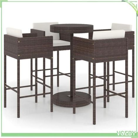 Ensemble bar de jardin - FAFEICY - 5 pcs - Résine tressée marron - Table ronde Ø75,5 cm - Coussins crème (1/5)