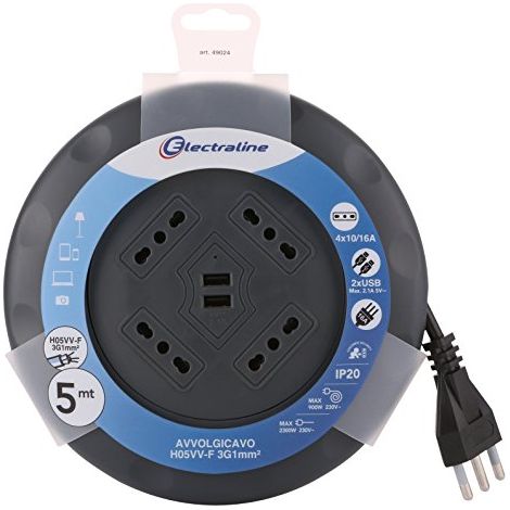 Avvolgicavo Electraline ufo 1 presa 16 a + 4 prese bipasso 10 / 16 + 2 prese usb cavo 5 m (1/4)