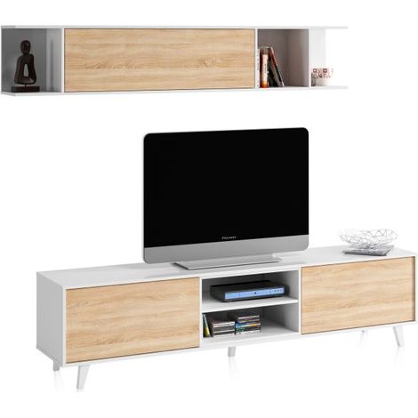 Salón con mueble de TV y módulo superior 180 cm Niva Blanco Brillo - Roble Canadian (ancho) x 54cm (alto) (1/5)
