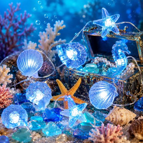 Guirlande lumineuse animaux marins, 2 m, 20 LED, thème vie marine, à piles, hippocampe, étoile de mer, coquillages, pour chambre d'enfant, fête, décoration d'anniversaire (1/5)