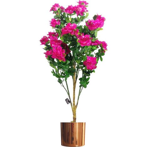 100cm Realistic Artificial Azalea Pink Flowers Potted Plant with Copper Metal Planter