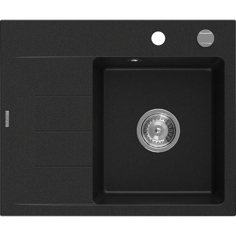 Mexen Ben évier en granit 1 bac avec égouttoir droit 600 x 500 mm, noir, siphon chromé - 6523605000-77 (1/5)