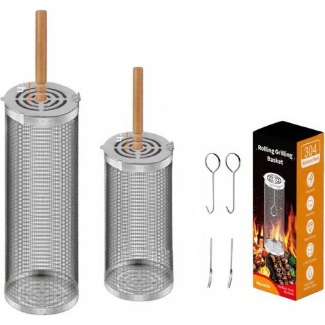Ensemble de paniers à grillades enroulables et emboîtables (avec poignée en bois , 2 pièces) , paniers à grillades portables enroulables , accessoires pour grillades de légumes et de poisson en plein (1/5)