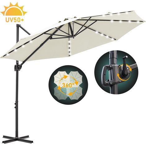 TolleTour Parasol déporté 300 cm beige avec LED solaire, rotation 360°, inclinable 0–60°, toile polyester 200 g/m² UV50+