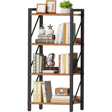 Bibliothèque à 4 Niveaux, Étagère d’Angle Industrielle, Présentoir avec Rangement, Cadre métallique, pour Salon, Chambre, Bureau, Cuisine, entrée, Marron Rustique et Noir (1/5)