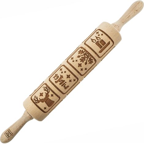 Mattarello in legno MoodForWood, inciso, 43 cm con manici, perfetto per la cottura al forno - Motivo invernale (1/5)