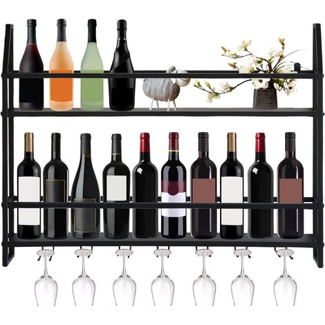 2-Lagige Weinregal Gläserhalter Wandregal Flaschenregal Weinhalter Hängeregal Wandmontage Weinregal Flaschenregal Wand für Outdoor Bar Industrielle Regal, Familie,Bar, Küche(Modern Schwarz)
