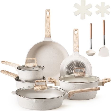 VEVOR Batterie de cuisine, 17 pcs, ensemble de casseroles et poeles a induction avec revetement anti-adhesif en granit, couvercles en verre trempe, avec friture, sauce, saute, passe au gril, blanc
