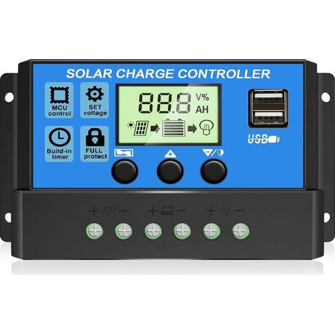 30A PWM Solar-Laderegler, 12V/24V Solarmodulregler mit einstellbarem LCD-Bildschirm, zwei USB-Anschlüssen, Timer-Einstellung, automatischer Parametereinstellung (Blau) (1/5)