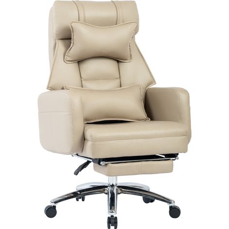 Fauteuil de bureau ergonomique pivotant en cuir technique, dossier haut avec soutien lombaire et appuie-tête, fauteuil confortable de direction, inclinable à 155°, beige (1/5)
