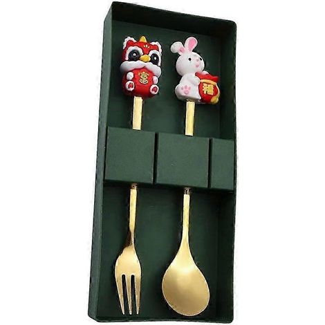 Ensemble de couverts (cuillère et fourchette) à motif de poupée pour le Nouvel An chinois, idéal pour les repas au restaurant ou les fêtes.-Style F