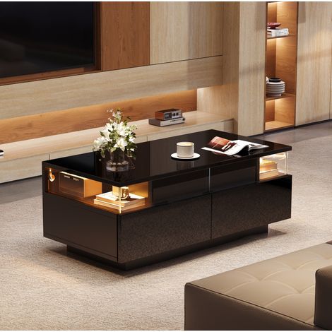 Mesa de centro MDF negro brillo 90 cm con 2 cajones, bandeja extraíble, vidrio templado y LED (1/5)