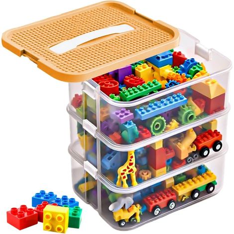 Stapelbare Aufbewahrungsboxen für Kinder mit Deckel, aus transparentem Kunststoff, mit Fächern, Bauplatte und herausnehmbarem Einsatz, 3 Ebenen, stapelbar (gelb) (1/5)