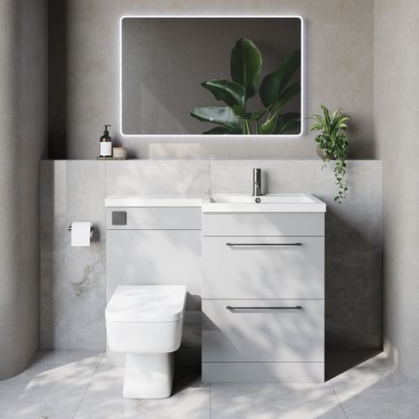 Napoli 460 Gloss Grey Pearl 1100mm 2 Drawer Vanity Unit Toilet Suite with Right Hand Square Lucia Basin - 1100mm - Gunmetal Grey 320mm HandleWith Kingston Toilet Pan and Seat