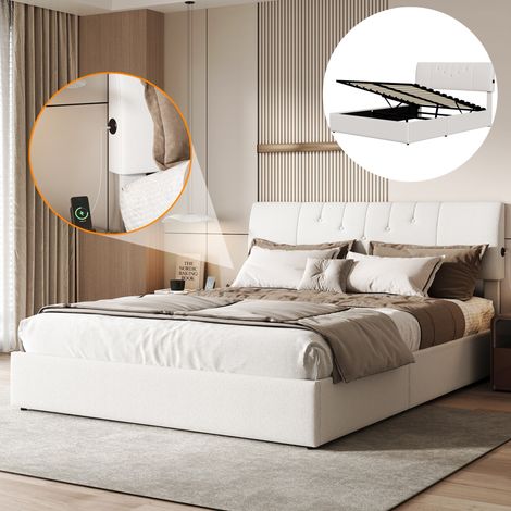Letto contenitore 140x200 cm in Teddy, con spazio di archiviazione idraulico, caricatore USB, base a doghe, letto per adulti, con testiera imbottita - Bianco