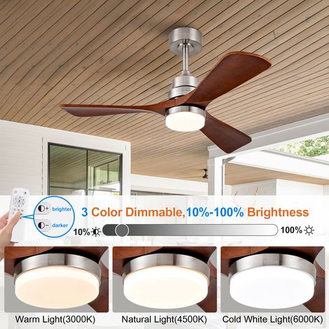 Ventilateur plafond bois 107 cm (42 pouces) avec éclairage et télécommande, intérieur/extérieur. Moderne 3 pales, terrasse, salon, maison campagne, finition nickel brossé soyeux. (1/5)
