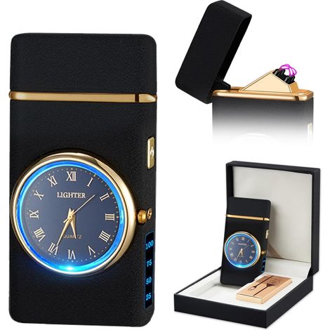Briquet électrique à double arc plasma, briquet rechargeable avec affichage de la batterie, briquet rotatif avec coffret cadeau pour amis, famille, bougies (noir mat) (1/5)