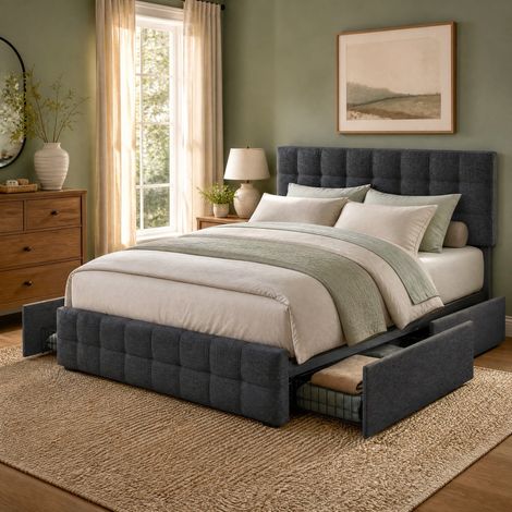 Doppelbett 140x200 cm aus grauem Leinenstoff mit 4 Schubladen und Matratze – MEUBLIV (1/5)