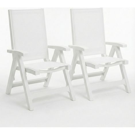 Set 2 Poltrone Sedia da Giardino Pieghevole 5 Posizioni large Bianca in Tecnopolimero e Tessuto Traspirante Idrorepellente per Esterno 62x68x110cm Comfort e Relax Outdoor Esmeralda Tex sca-b