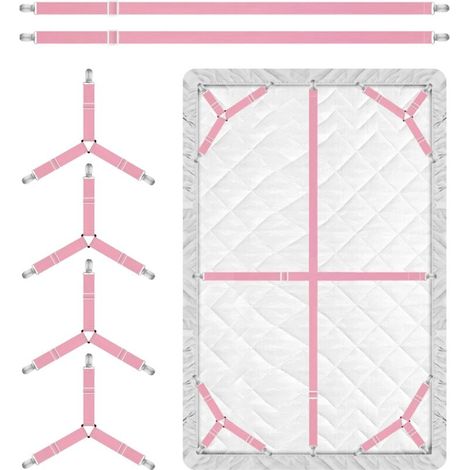 4 Pack Pink Sheet Fastener Straps, 3-Way Adjustable Sheet Holder Clips, Suspenders, Elastic Triangle Mattress Sheet Fastener Clips (1/5)