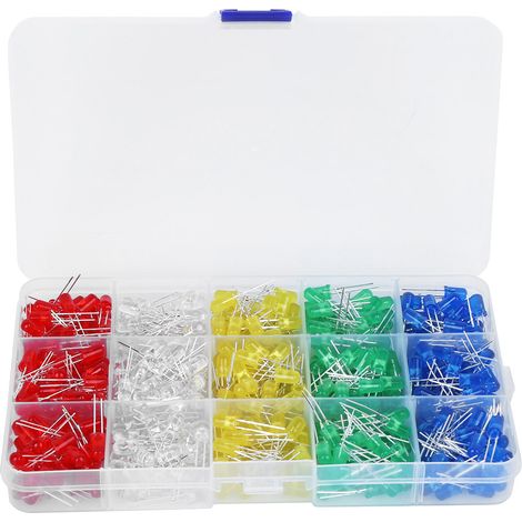 Lot de 500 diodes LED en plastique anticorrosion de 5 mm, bleu, vert, jaune, blanc, rouge. (1/5)