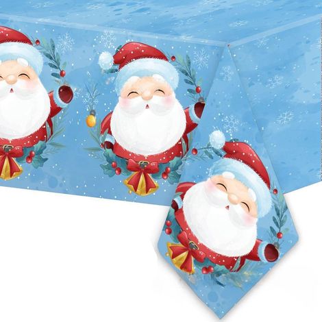 Noël Nappe Plastique Rectangulaire Anti Tache,137 274cm Père Noël Nappe de Table Bleu Rectangulaire Imperméables Lavable Extensible,pour Décoration Table,Anniversaire,Fournitures Noel Fête (1/5)