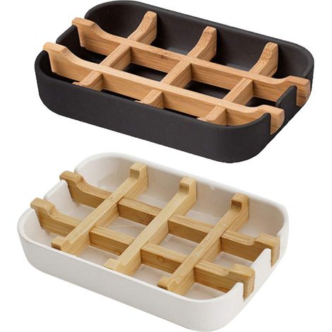 Porte-Savon - Bambou - Bac Récupérateur - Pour Salle De Bain Douche Cuisine - Lot De 2 (1/5)