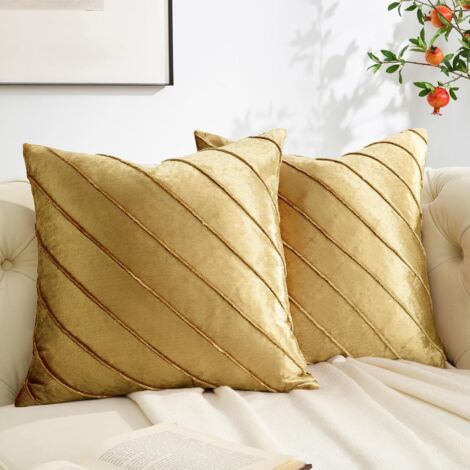 Housses de coussin décoratives en velours 45 x 45 cm, lot de 2 housses de coussin décoratives dorées pour canapé, coussin carré de salon à rayures décoratives (1/5)