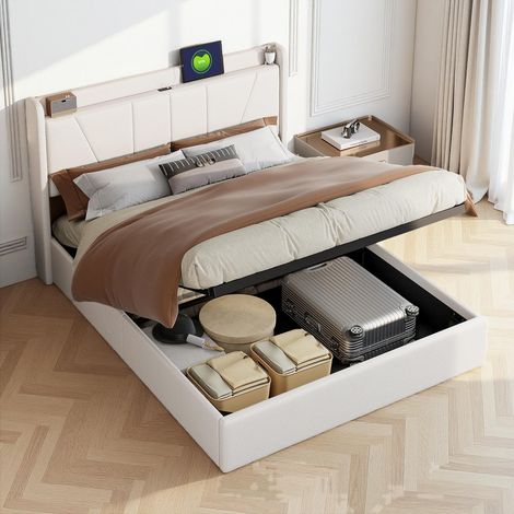 Tanant – Lit coffre 160x200 cm avec rangement – Tête de lit rembourrée – 2 ports USB – Sommier à lattes en bois – Style nordique beige (1/5)